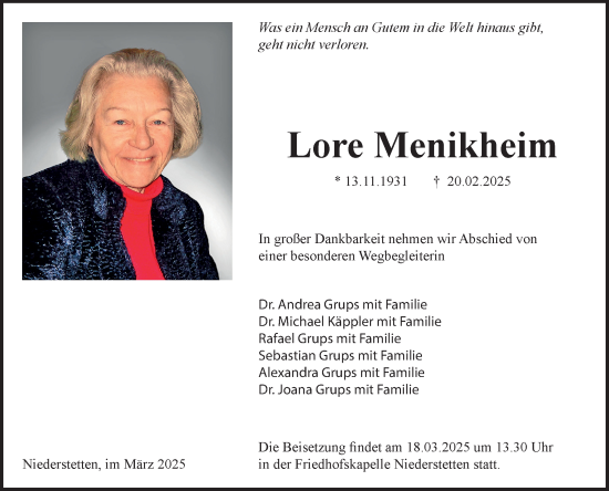 Traueranzeige von Lore Menikheim von Fränkische Nachrichten