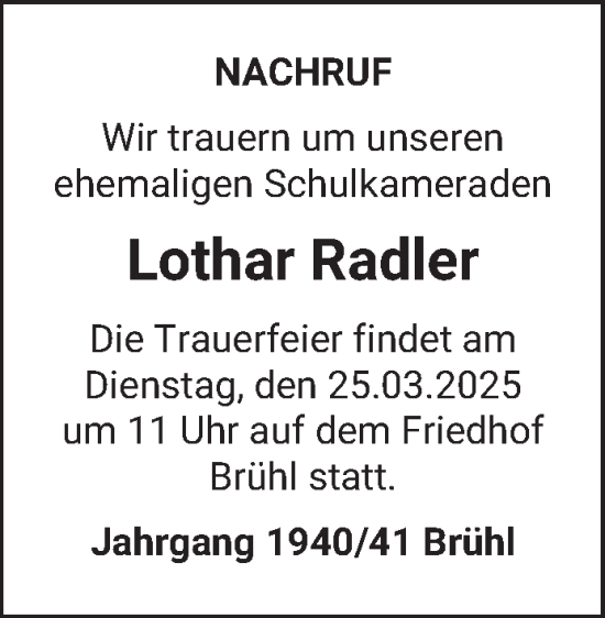 Traueranzeige von Lothar Radler von Schwetzinger Zeitung