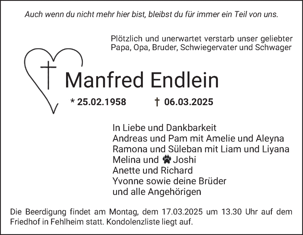  Traueranzeige für Manfred Endlein vom 15.03.2025 aus Bergsträßer Anzeiger