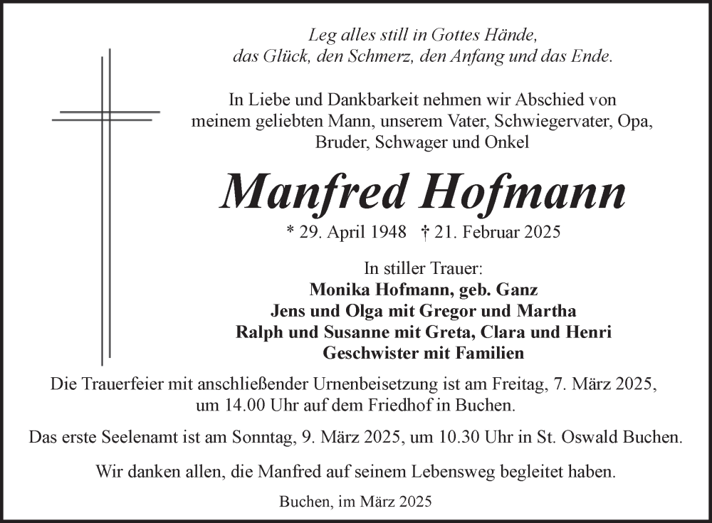  Traueranzeige für Manfred Hofmann vom 04.03.2025 aus Fränkische Nachrichten
