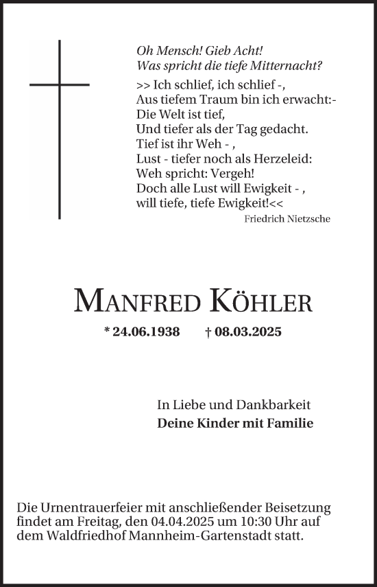 Traueranzeige von Manfred Köhler von Mannheimer Morgen
