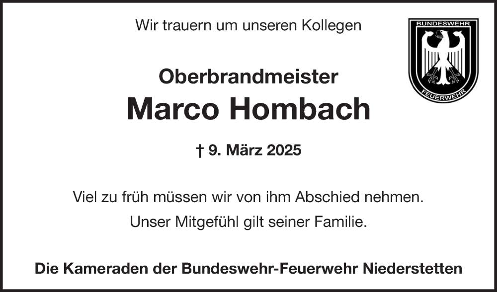  Traueranzeige für Marco Hombach vom 15.03.2025 aus Fränkische Nachrichten