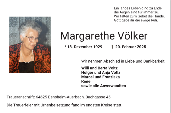 Traueranzeige von Margarethe Völker von Bergsträßer Anzeiger