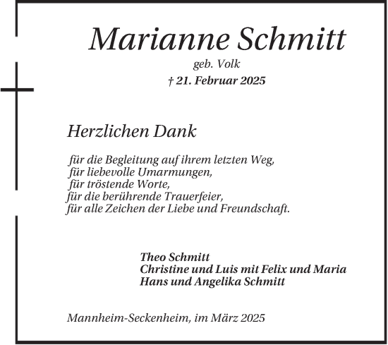 Traueranzeige von Marianne Schmitt von Mannheimer Morgen