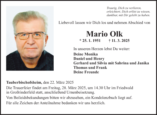 Traueranzeige von Mario Olk von Fränkische Nachrichten