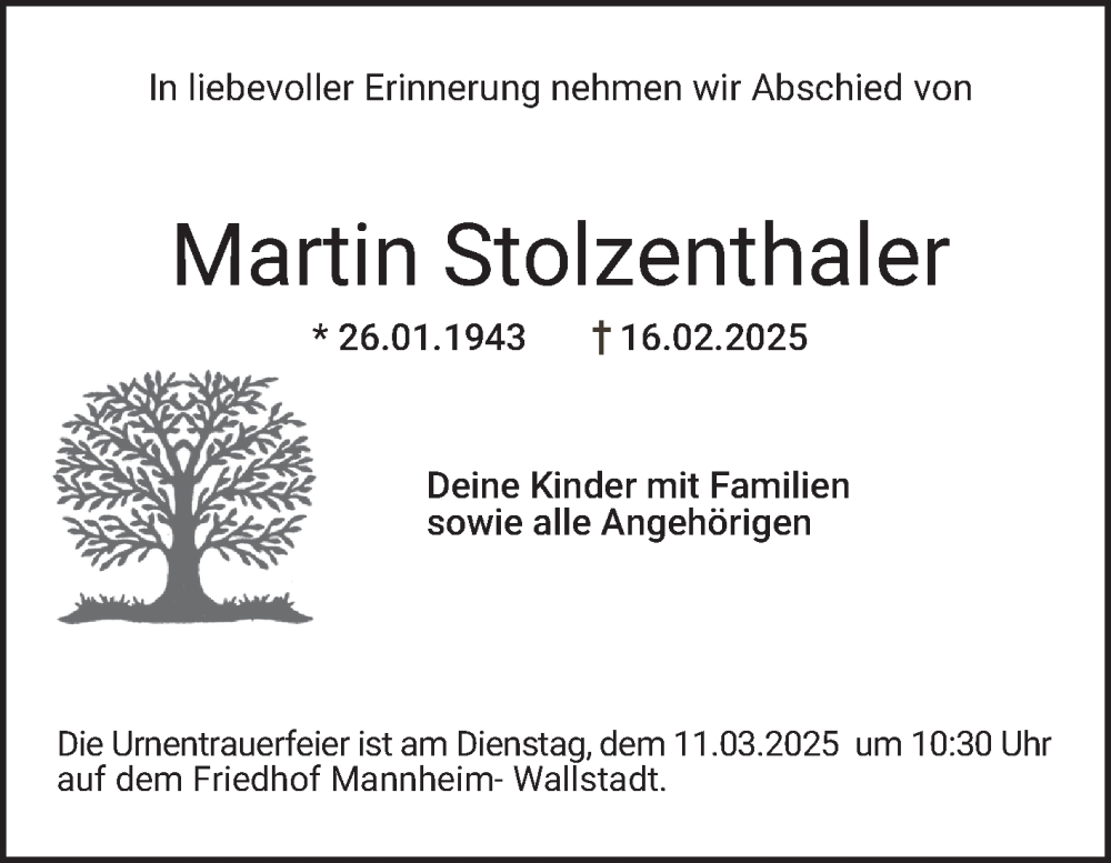  Traueranzeige für Martin Stolzenthaler vom 08.03.2025 aus Mannheimer Morgen
