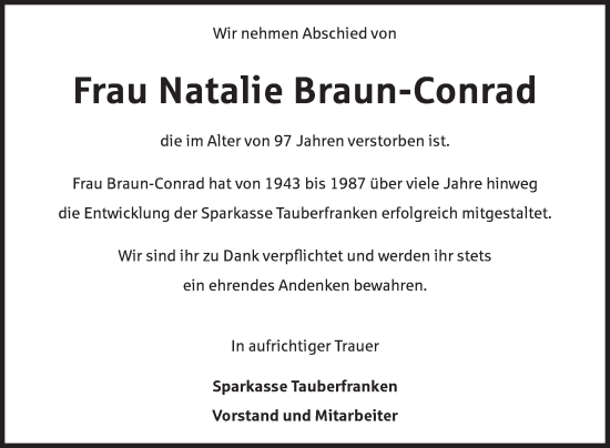 Traueranzeige von Natalie Braun-Conrad von Fränkische Nachrichten
