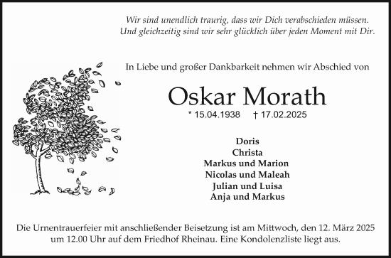 Traueranzeige von Oskar Morath von Mannheimer Morgen