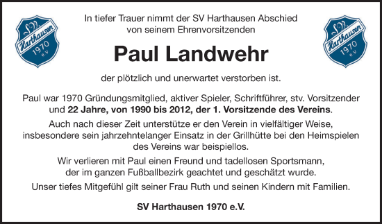 Traueranzeige von Paul Landwehr von Fränkische Nachrichten