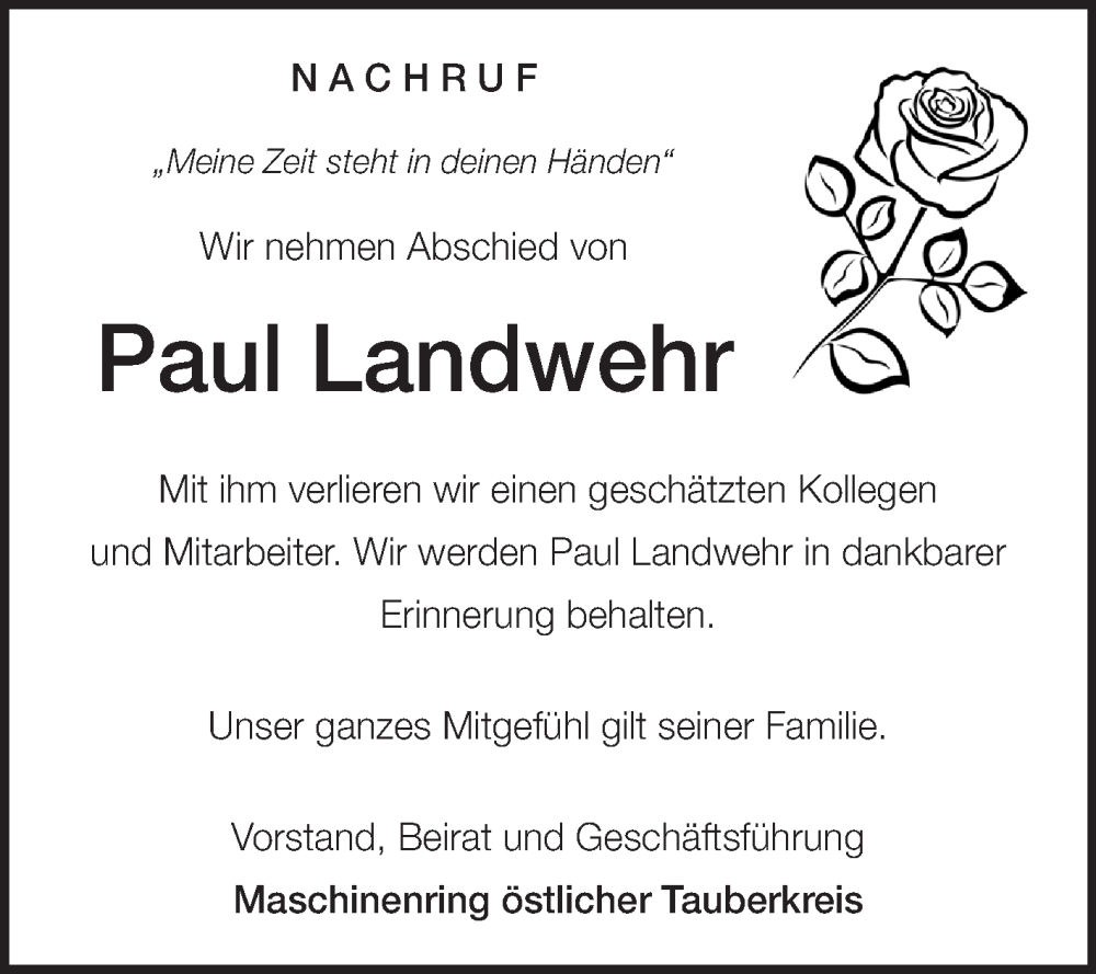  Traueranzeige für Paul Landwehr vom 26.03.2025 aus Fränkische Nachrichten