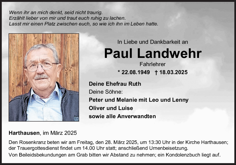  Traueranzeige für Paul Landwehr vom 25.03.2025 aus Fränkische Nachrichten