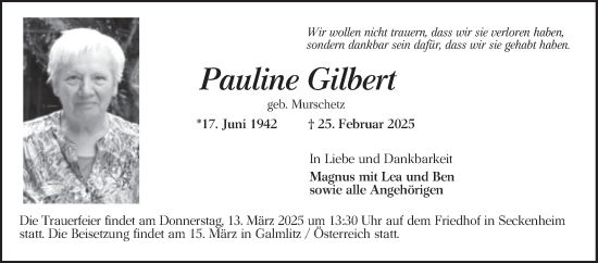 Traueranzeige von Pauline Gilbert von Mannheimer Morgen