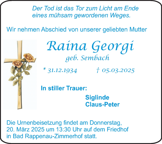 Traueranzeige von Raina Georgi von Schwetzinger Zeitung
