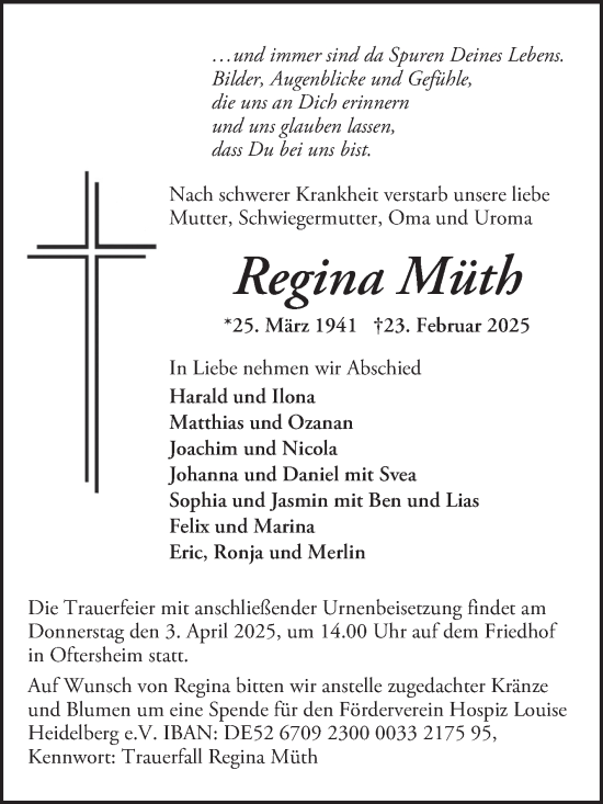 Traueranzeige von Regina Müth von Schwetzinger Zeitung