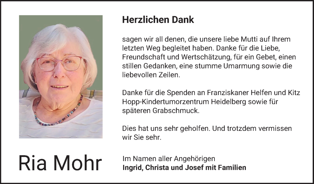  Traueranzeige für Ria Mohr vom 22.03.2025 aus Bergsträßer Anzeiger