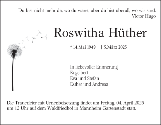 Traueranzeige von Roswitha Hüther von Mannheimer Morgen