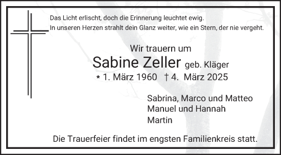 Traueranzeige von Sabine Zeller von Fränkische Nachrichten
