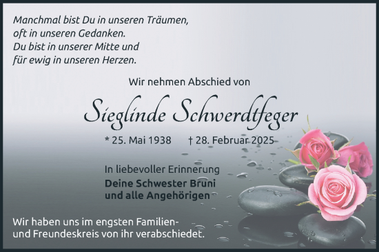 Traueranzeige von Sieglinde Schwerdtfeger von Mannheimer Morgen