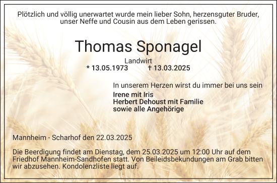Traueranzeige von Thomas Sponagel von Mannheimer Morgen