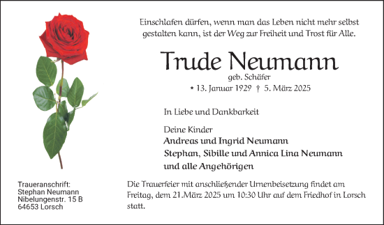 Traueranzeige von Trude Neumann von Bergsträßer Anzeiger