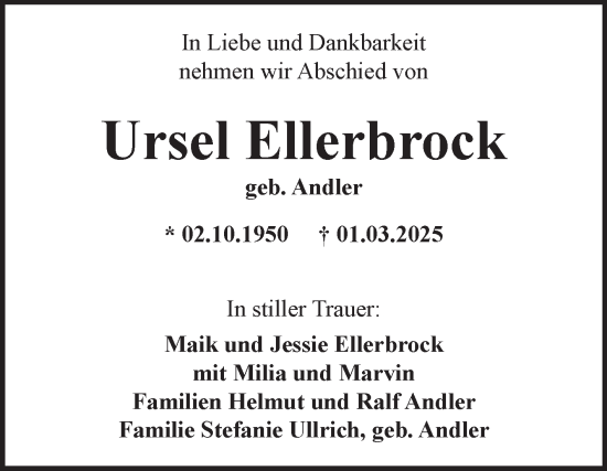 Traueranzeige von Ursel Ellerbrock von Fränkische Nachrichten