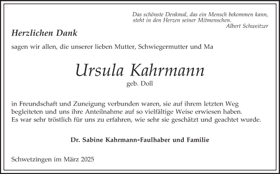 Traueranzeige von Ursula Kahrmann von Schwetzinger Zeitung