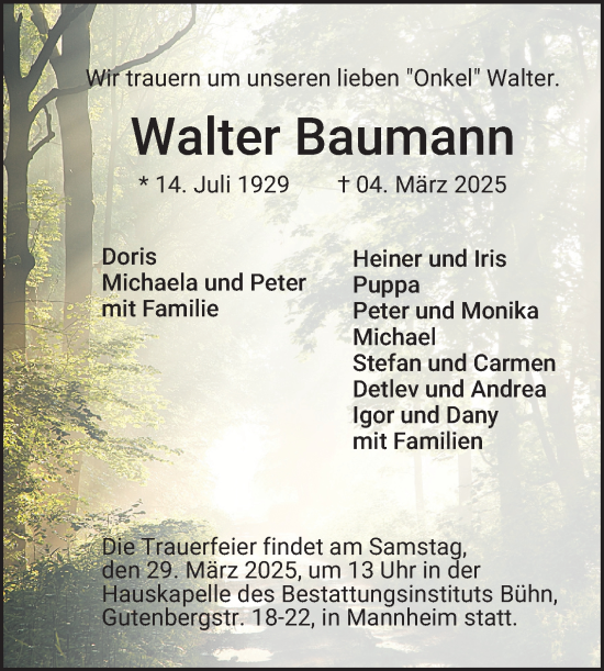 Traueranzeige von Walter Baumann von Mannheimer Morgen