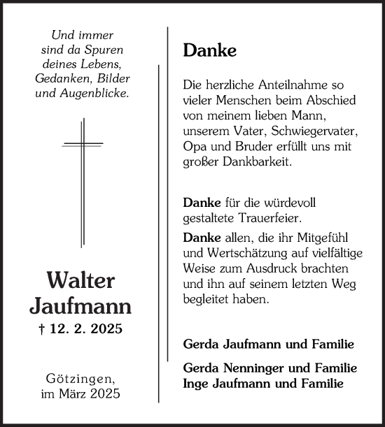 Traueranzeige von Walter Jaufmann von Fränkische Nachrichten