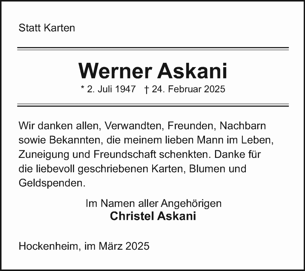  Traueranzeige für Werner Askani vom 29.03.2025 aus Schwetzinger Zeitung