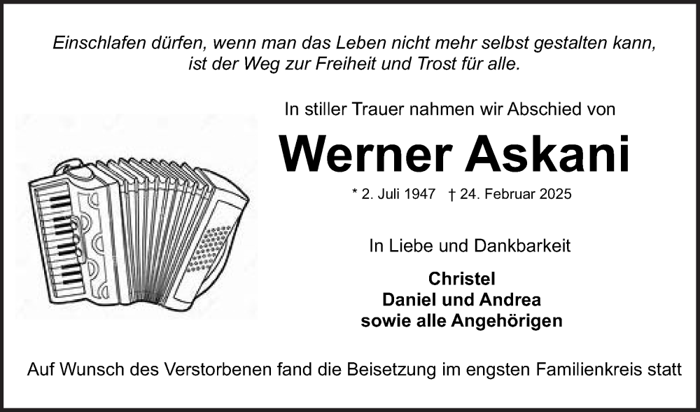  Traueranzeige für Werner Askani vom 15.03.2025 aus Schwetzinger Zeitung