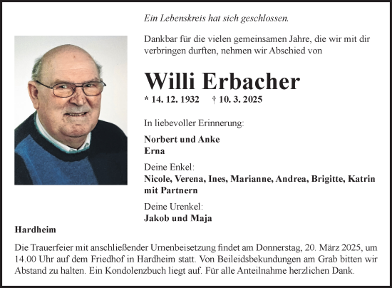 Traueranzeige von Willi Erbacher von Fränkische Nachrichten