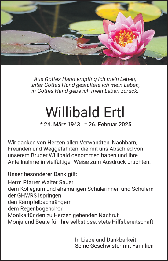 Traueranzeige von Willibald Ertl von Schwetzinger Zeitung
