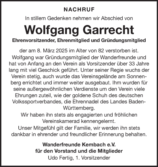 Traueranzeige von Wolfgang Garrecht von Fränkische Nachrichten