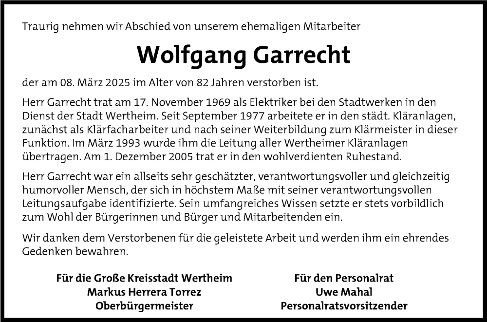  Traueranzeige für Wolfgang Garrecht vom 15.03.2025 aus Fränkische Nachrichten