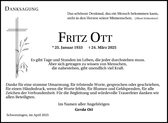 Traueranzeige von Fritz Ott von Schwetzinger Zeitung