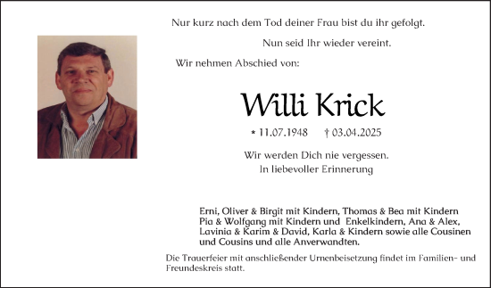 Traueranzeige von Willi Krick von Bergsträßer Anzeiger