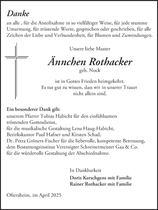 Traueranzeige von Ännchen Rothacker von Schwetzinger Zeitung
