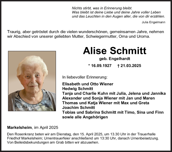 Traueranzeige von Alise Schmitt von Fränkische Nachrichten