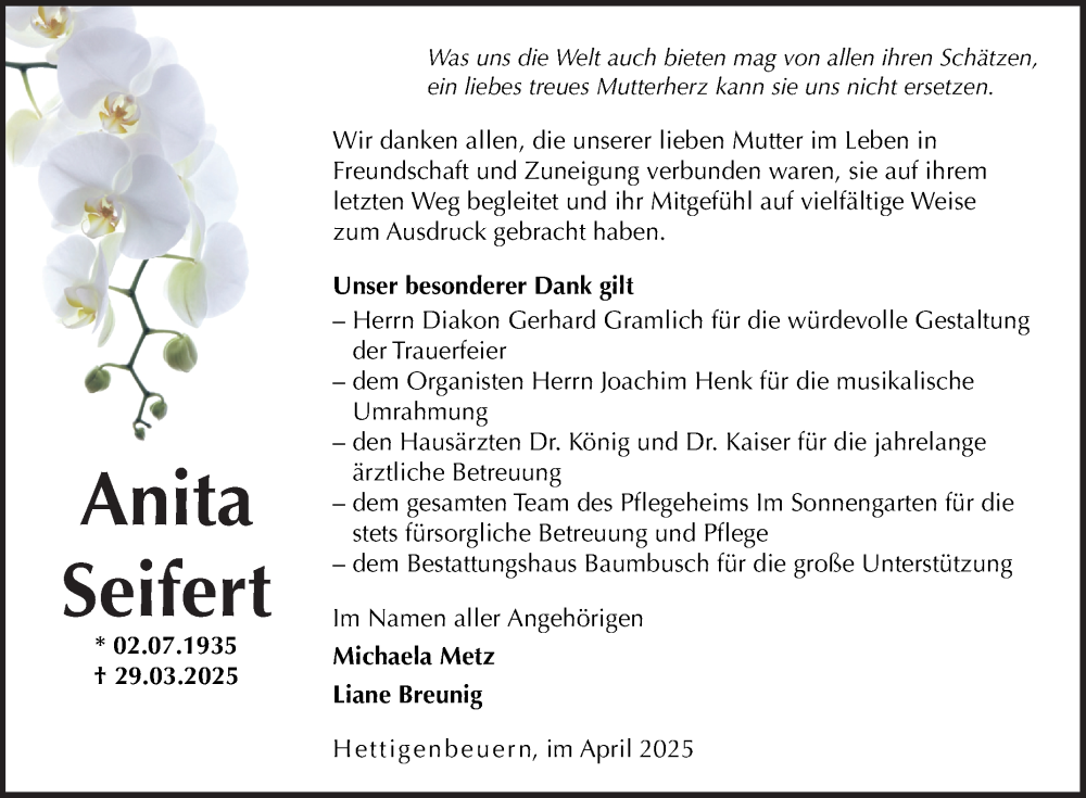  Traueranzeige für Anita Seifert vom 26.04.2025 aus Fränkische Nachrichten