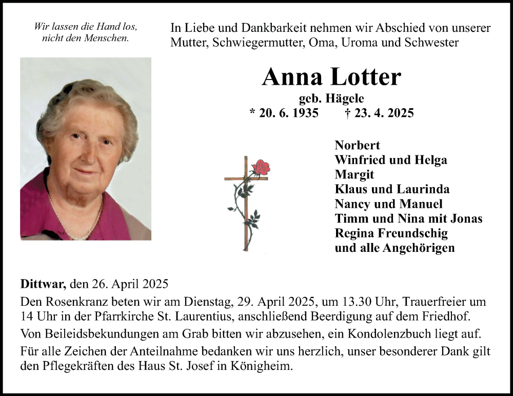  Traueranzeige für Anna Lotter vom 26.04.2025 aus Fränkische Nachrichten