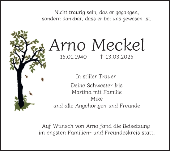 Traueranzeige von Arno Meckel von Mannheimer Morgen