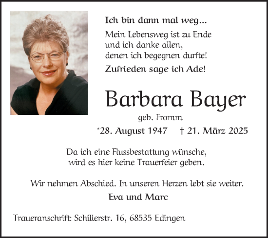 Traueranzeige von Barbara Bayer von Mannheimer Morgen