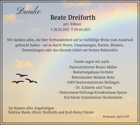 Traueranzeige von Beate Dreiforth von Schwetzinger Zeitung