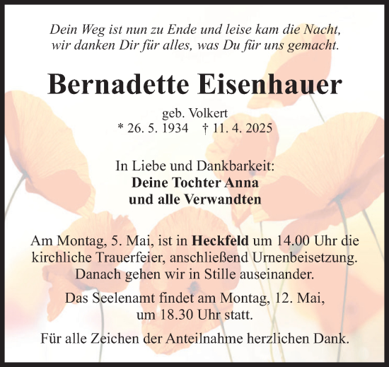 Traueranzeige von Bernadette Eisenhauer von Fränkische Nachrichten