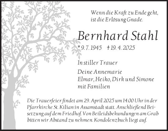 Traueranzeige von Bernhard Stahl von Fränkische Nachrichten