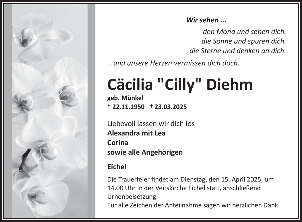  Traueranzeige für Cäcilia Diehm vom 12.04.2025 aus Fränkische Nachrichten