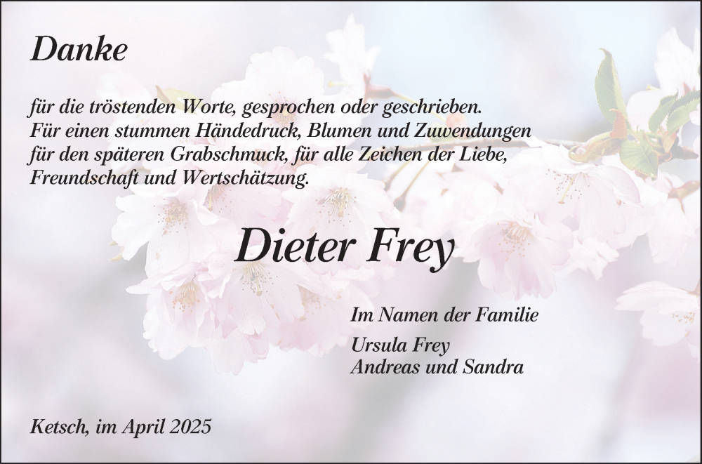  Traueranzeige für Dieter Frey vom 12.04.2025 aus Mannheimer Morgen