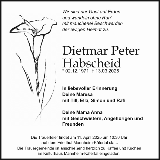 Traueranzeige von Dietmar Peter Habscheid von Mannheimer Morgen