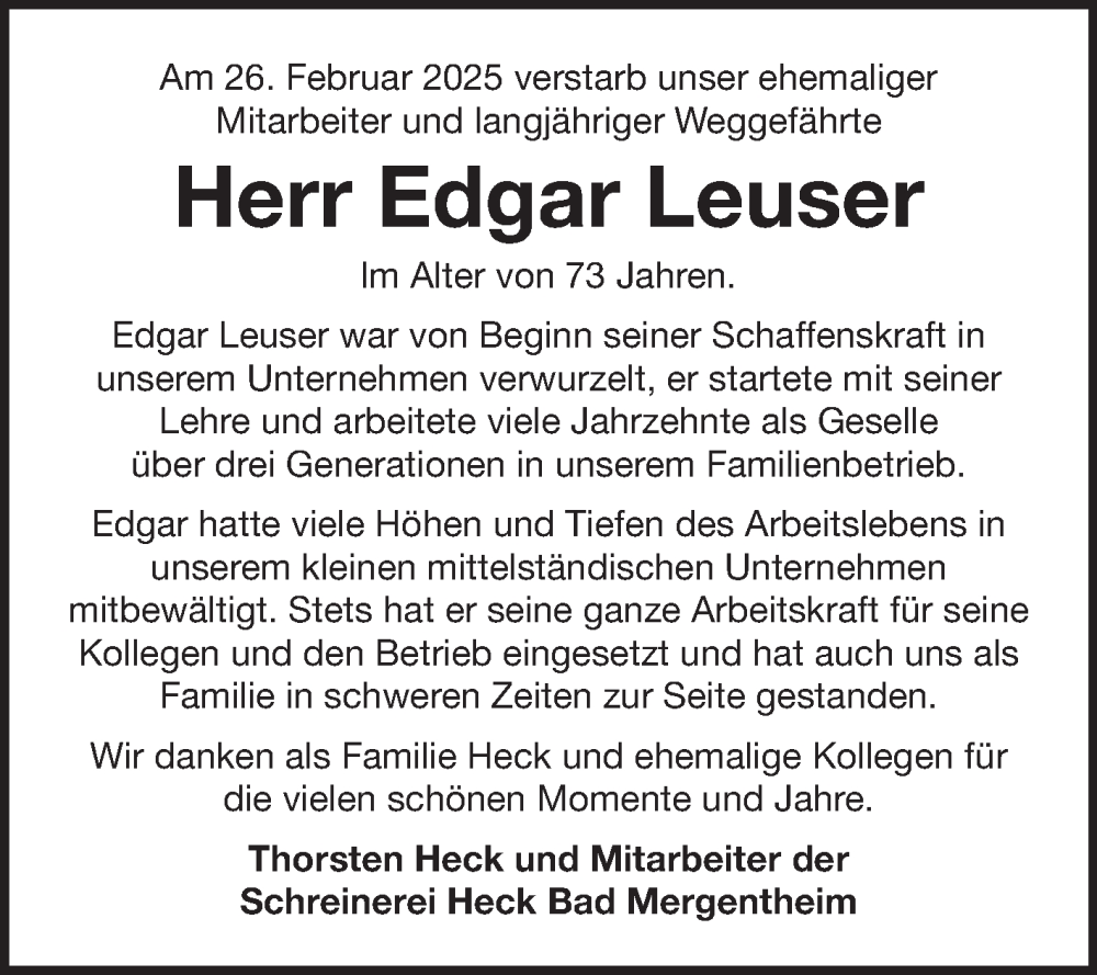 Traueranzeige für Edgar Leuser vom 02.04.2025 aus Fränkische Nachrichten
