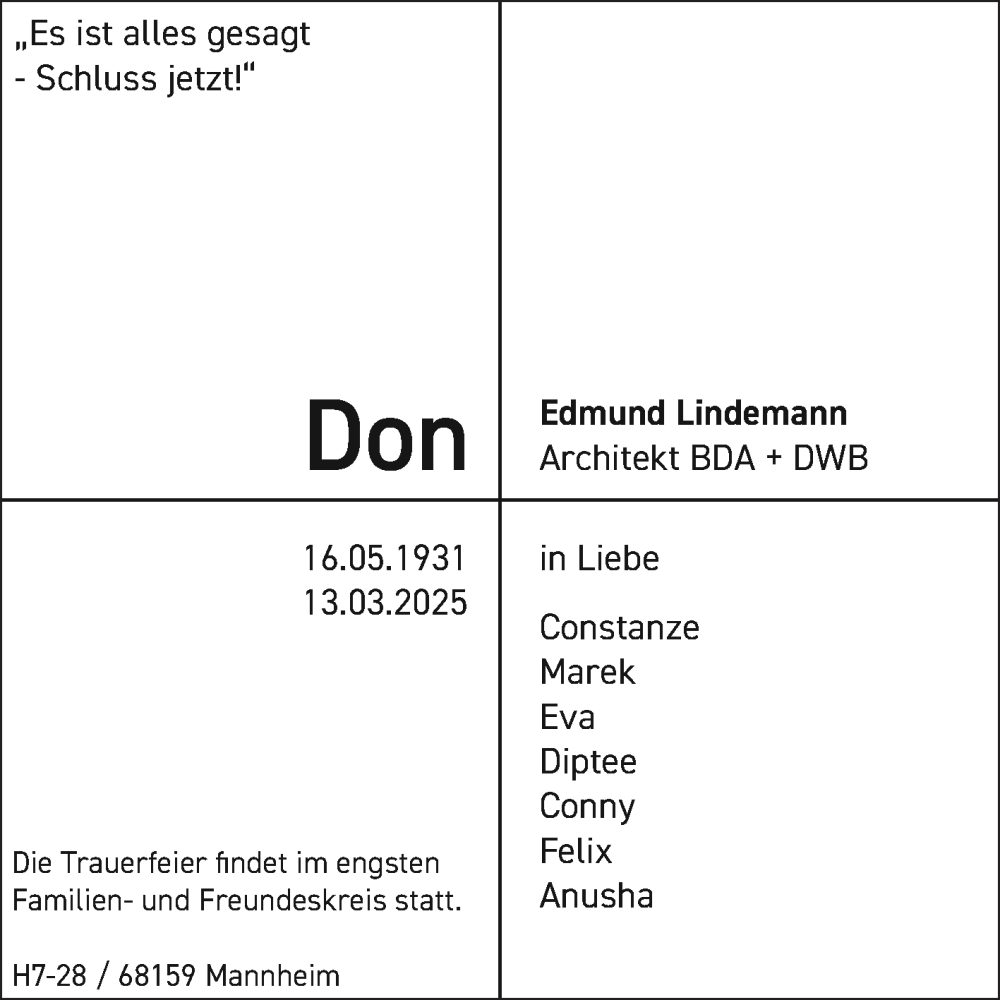  Traueranzeige für Edmund Lindemann vom 09.04.2025 aus Mannheimer Morgen